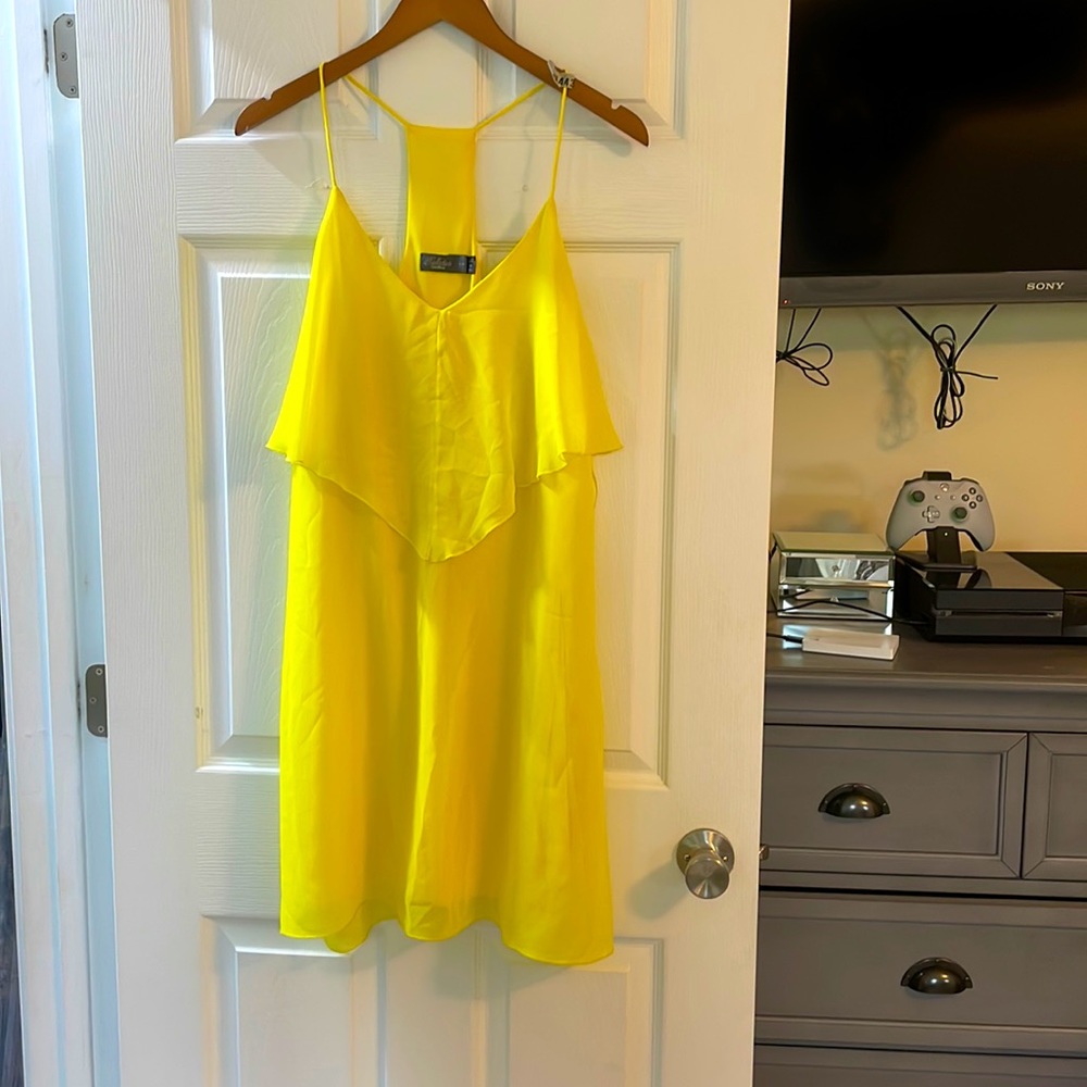 Yellow mini dress with spaghetti straps. Size L
